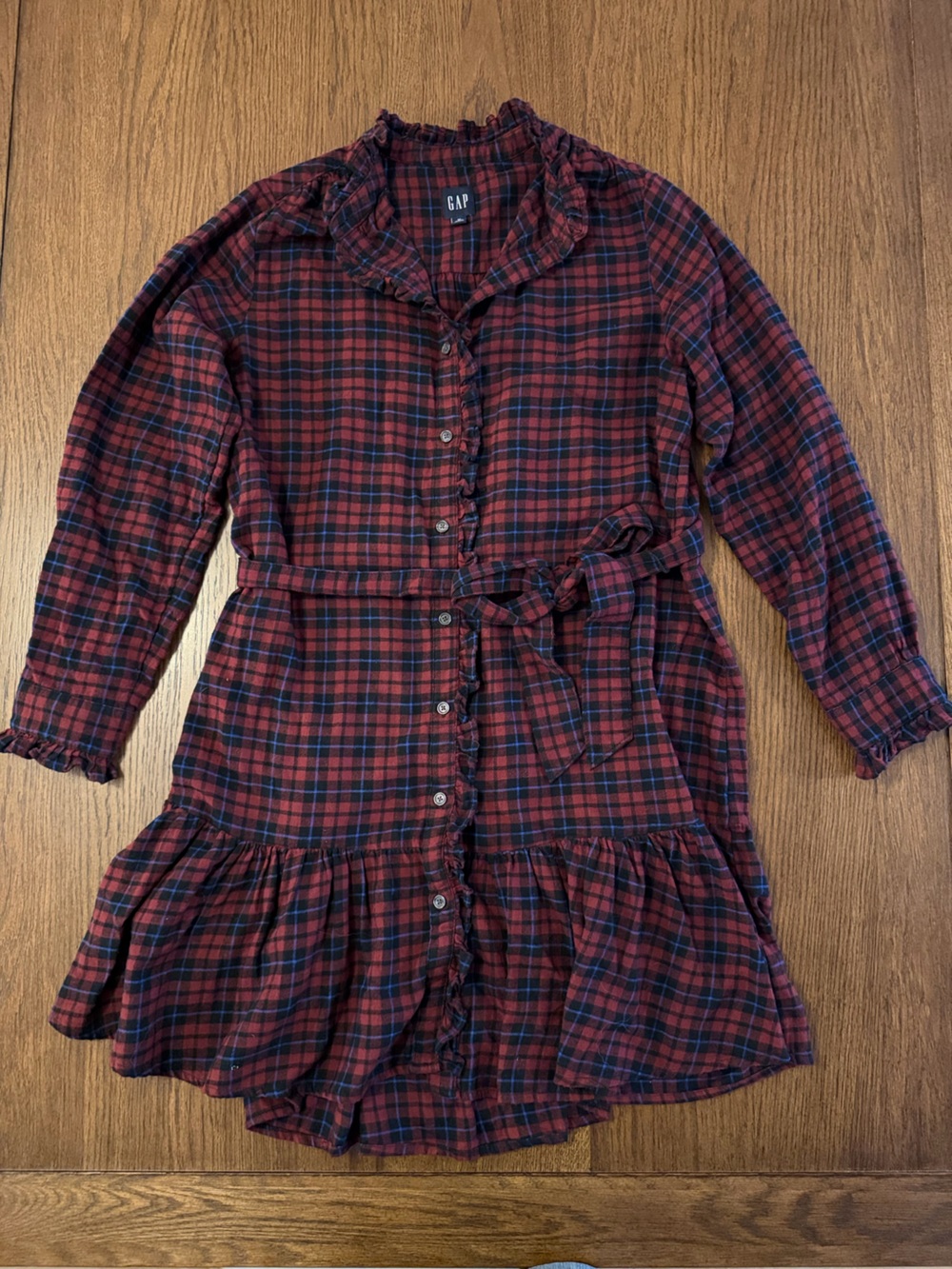 GAP Purple Burgundy and Navy Blue Plaid Tiered Mini Button Dress with Tie Waist